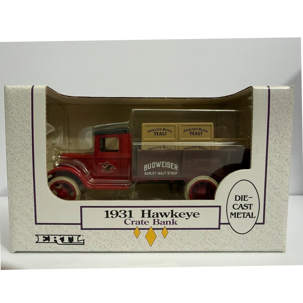 Vintage ERTL Budweiser 1931 Hawkeye Crate Bank Diecast Metal Truck 1/34 Boxed